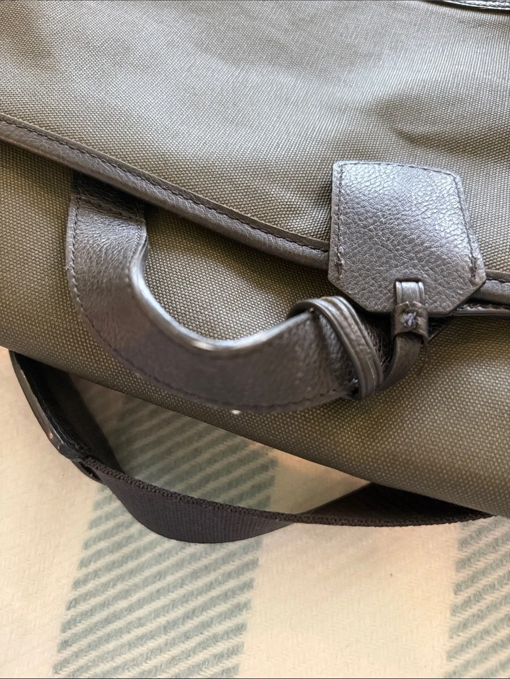 Cole Haan Olive Green Canvas Messenger Bag with Black Leather Detailing